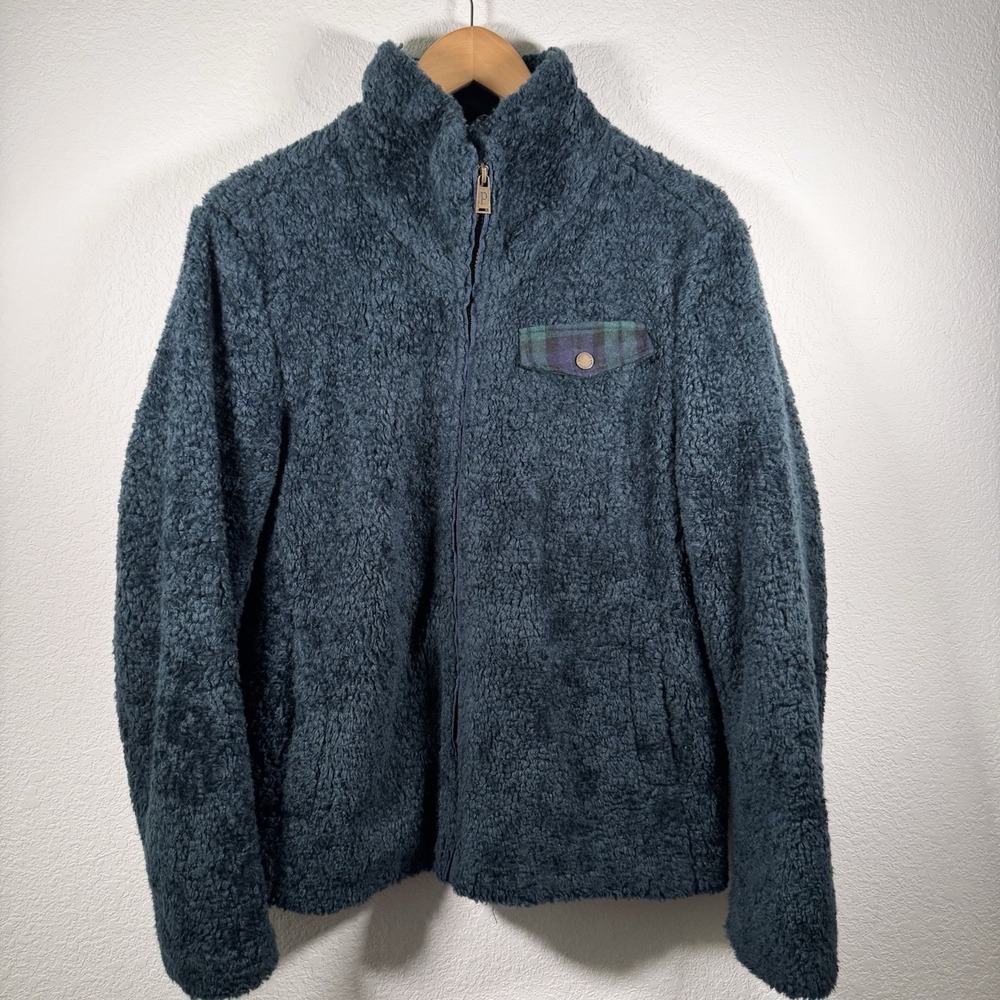 Pendleton Women's Sherpa Fleece Jacket Teal Blue Plaid‎ Trim Zip Up | Size L